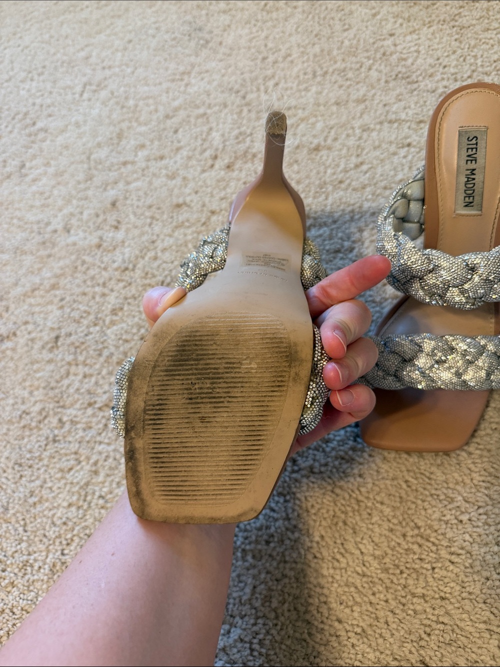 Steve Madden Crystal Braided Double-Strap High Heel Sandals - Silver/Tan - Picture 4 of 7